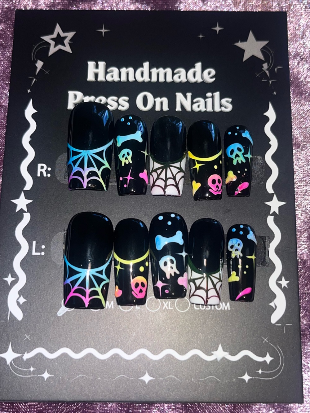 Black Halloween Press-On Nails with Neon Skull & Web Accents